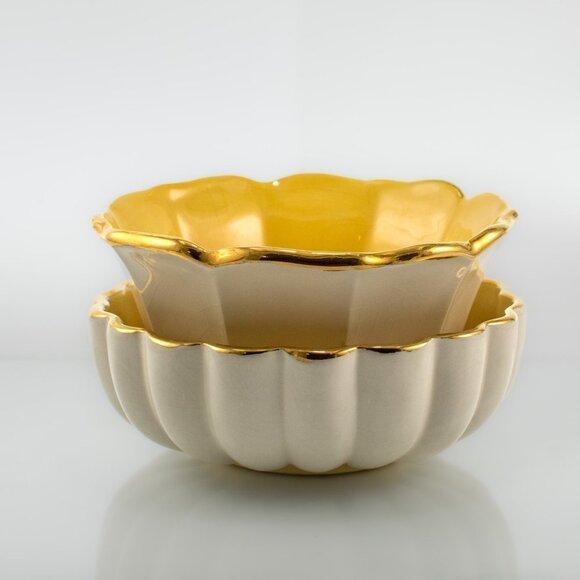 Vintage Porcelain Bowls | Bright Yellow and White with Gold Trim | Set of Bowls - Picture 4 of 6